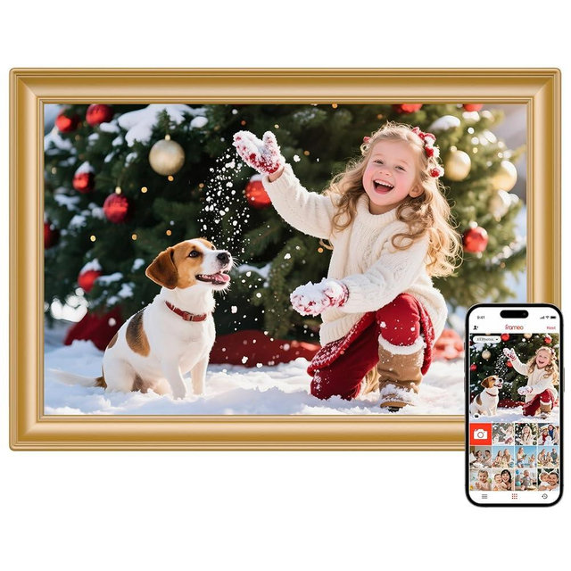 Frameo 10.1 Inch WiFi Digital Picture Frame, 1280x800 HD IPS Touch Screen Photo Frame Electronic, 32GB Storage, Auto-Rotate, Wall Mounted, Share Photos/Videos Instantly from Anywhere - Gold