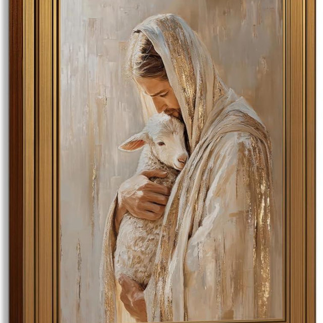 Gold Framed Vintage Wall Art Jesus And Lamb Canvas Printing Bible Stories Save The Lost Lamb Wall Decor Christian Art Poster Modern Religious Art Print for Living Prayer Room Bedroom Home Decoratio