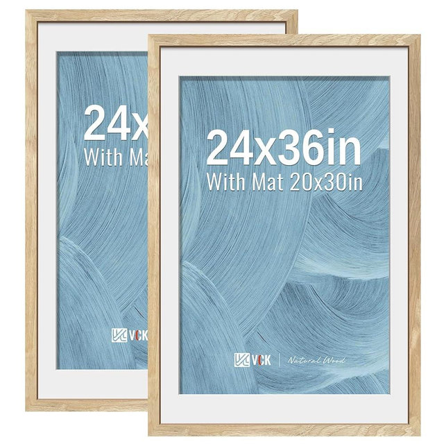 VCK 24x36 Poster Frame 2 Pack - Natural Wood Grain, High-End Wood Picture Frames with Polished Plexiglass, Display 20x30 Photo with Mat or 24x36 without Mat, Art Gallery-Quality, Wall Hanging, Natural