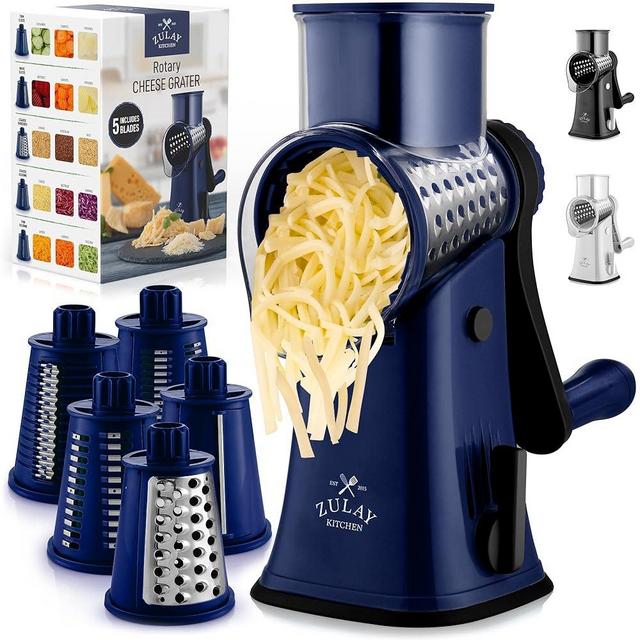 Zulay Rotary Cheese Grater 5 Blade Cheese Shredder - Manual Hand Crank Cheese Grater With Reinforced Suction & 5 Interchangeable Drums - Easy to Use, Vegetable Chopper Round Mandoline Slicer - Navy