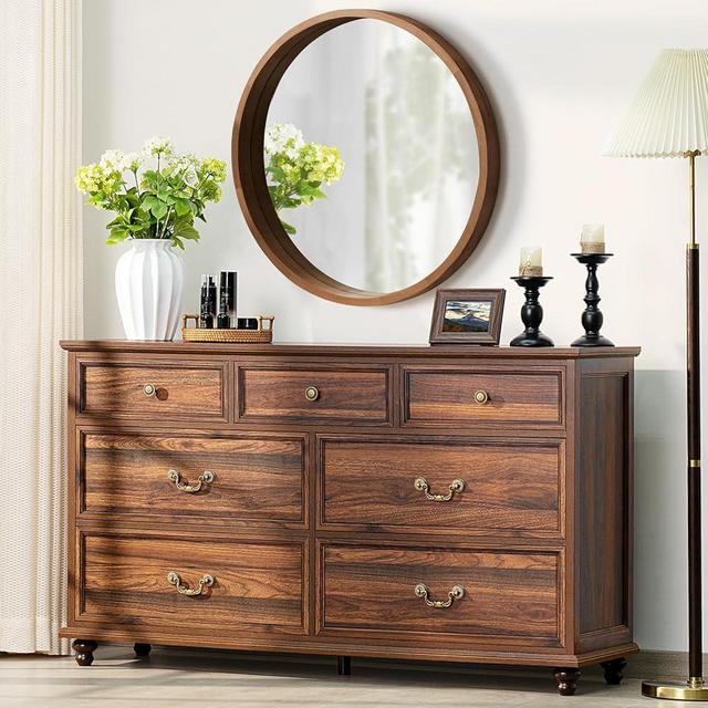 Joaxswe Farmhouse 54" 7 Drawers Dresser for Bedroom, Vintage Wood Chest of Drawers w/ 4 Wooden Legs, Wide Closet Storage Dressers Organizer for Hallway, Rustic Large TV Stand for Living Room, Brown