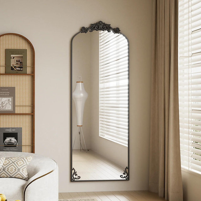 65"x22" Arched Full Length Mirror Metal Vintage Mirror Baroque Style,Black