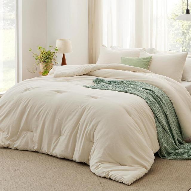 Bedsure Queen Size Comforter Set, Light Beige Soft Prewashed Bed Comforter for All Seasons, 3 Pieces Warm Bedding Sets, 1 Lightweight Comforter (90"x90") and 2 Pillowcases (20"x26")