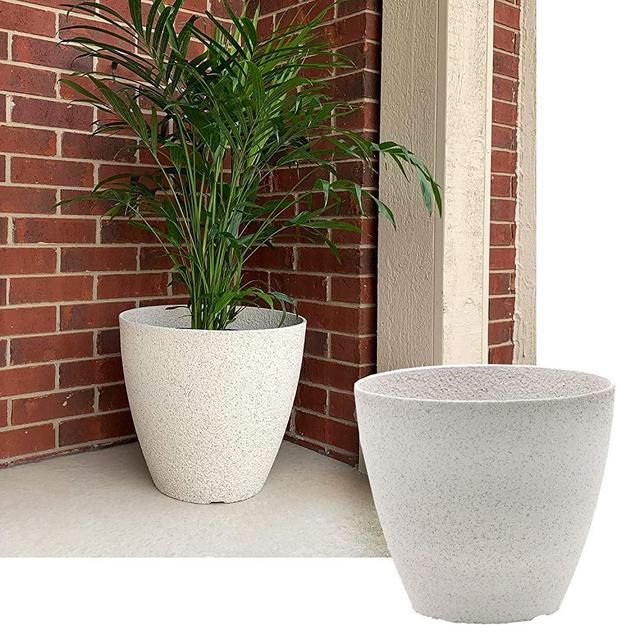 15-in. Round Faux Stone Resin Garden Potted Planter Flower Pot Indoor Outdoor, White