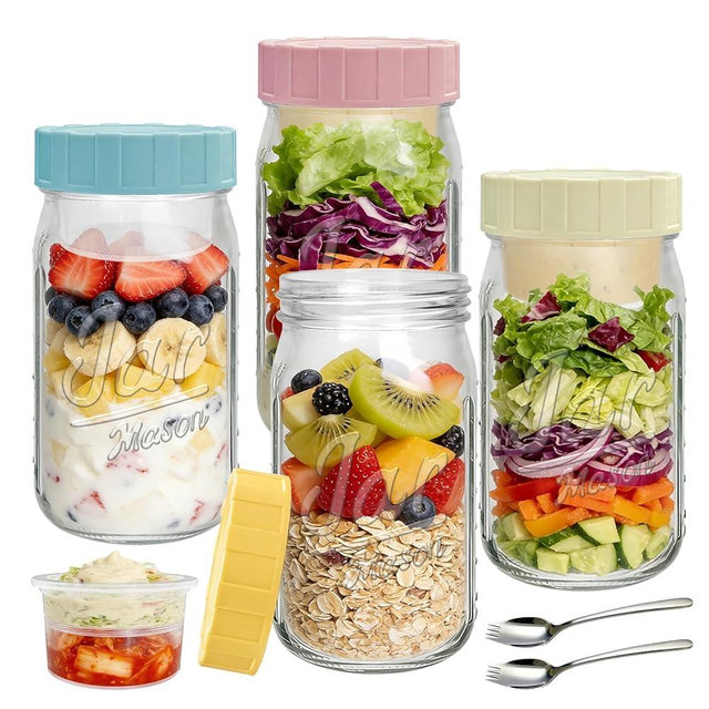 Accguan 32oz Glass Salad Jars with Lids Meal Prep, Leakproof Container Mason Jars for Lunch, Two Small Built-in Boxes with Wet/Dry Separation for salad Dressing and Dry Ingredients, salads Pod,4 Pack