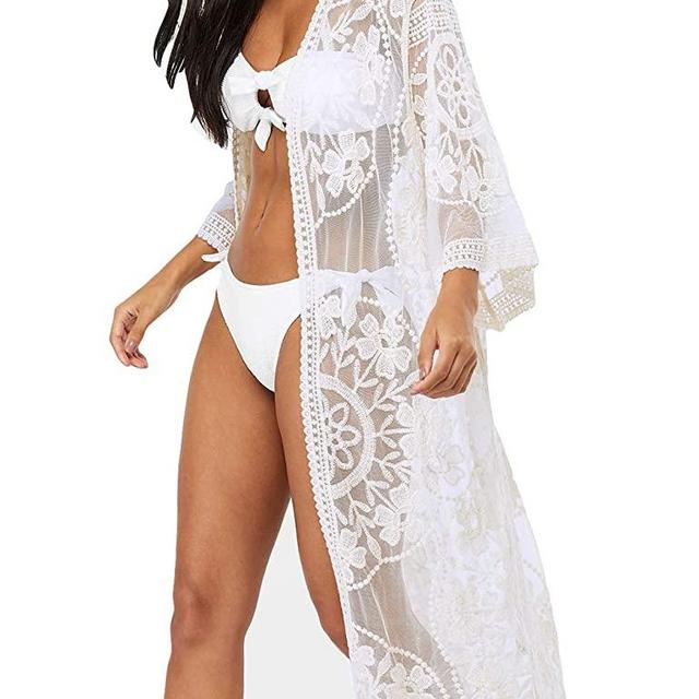 Bsubseach Women Sexy Lace Crochet Open Front Swimsuit Beach Long Kimono Cover Ups