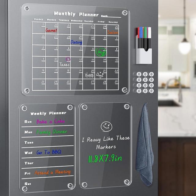 Magnetic Acrylic Calendar for Fridge, 3 Pcs Clear Magnetic Calendar for Fridge of Monthly, Weekly, Memo, Acrylic Calendar for Fridge Include 6 Colors Markers, Magnetic Pen Holder, Magnetic Towel