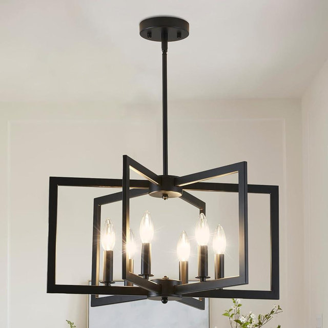 MIAYBPH Black Chandelier, Dining Room Light Fixture Geometric Metal Modern Industrial Chandelier Lighting for Farmhouse Living Room Entryway Kitchen (E12 Bulbs Not Included, 6 Light)