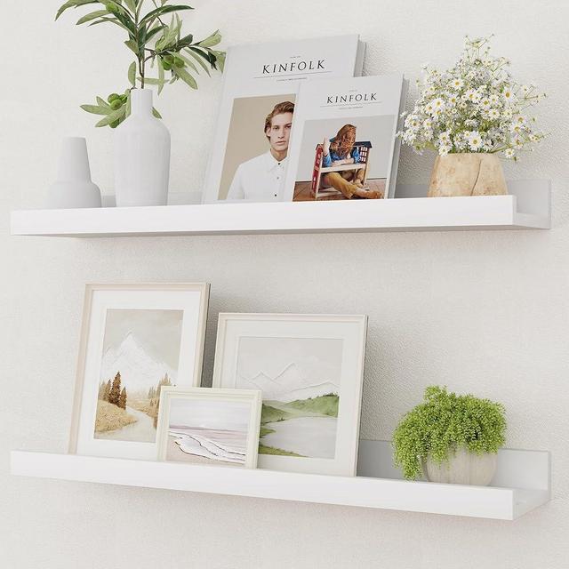 Vivelove Picture Ledge Shelf, Solid Pine Wood Rustic Floating Shelves for Wall, 24 Inch Floating Shelves with Lip for Bedroom Kitchen Living Room Nursery Display Wall Decor, Set of 2 (White)