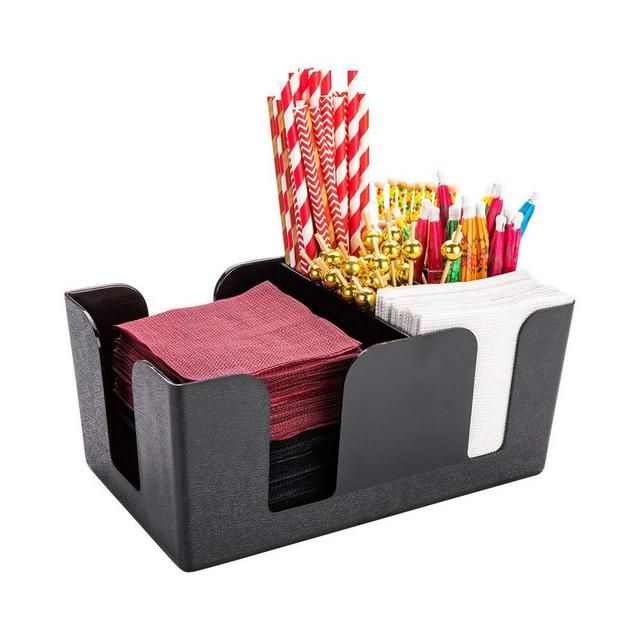 Restaurantware Bar Lux 9.5 x 5.8 x 4.2 Inch Bar Caddy 1 Pebbled Napkin Holder - 6 Compartments Organize Straws Napkins Or Condiments Black Plastic Bar Organizer For Homes Bars Or Offices