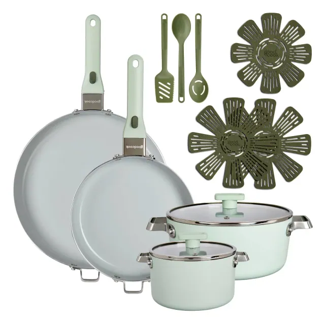 GoodCook 14pc Removable Handle Ceramic Nonstick Cookware Set Sage Green