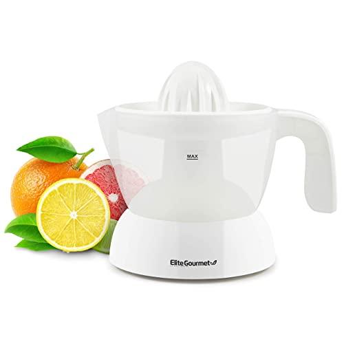 Elite Gourmet BPA-Free Electric Citrus Juicer Extractor: Compact Large Volume Pulp Control Oranges, Lemons, Limes, Grapefruits with Easy Pour Spout, 16 oz, White
