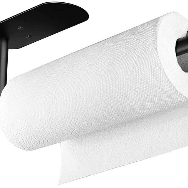 Clatwing Kitchen Cabinet Towel Holder SUS304 Stainless Steel Paper Rack for Kitchen Organization - Wall Mount or Under CabinetSelf Adhesive / Drilling (Black)