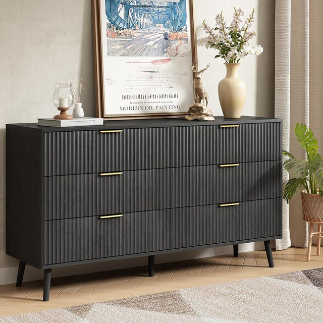 CARPETNAL Fluted 6 Double Drawers Dresser for Bedroom, 55”Wide Modern Chest of Drawers with Deep Drawers,Curved Profile Design, Wood Drawer Organizer for Living Room, Hallway, Dark Black