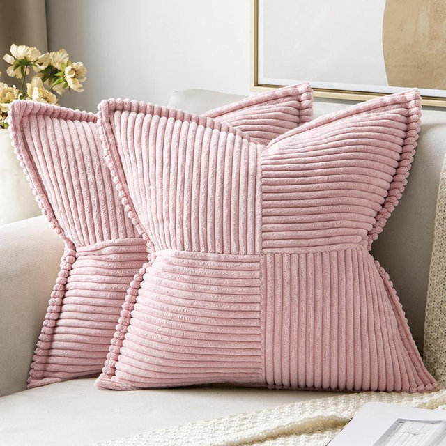 MIULEE Decorative Throw Pillow Covers for Couch Bed Livingroom 20x20 Inch Set of 2 Pink Boho Accent Throw Pllows Broadside Striped Patchwork Soft Corduroy Pillowcases