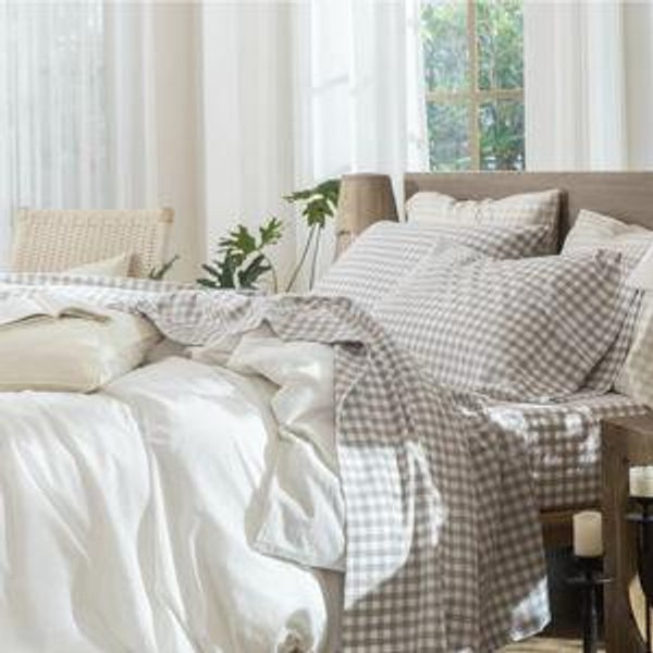 MooMee Gingham Sheet Set 100% Washed Cotton Linen Like Textured Breathable Soft w/Fully Elasticized 16-19" Deep Pocket (Classic Gingham Tannish Linen Grey, Queen)