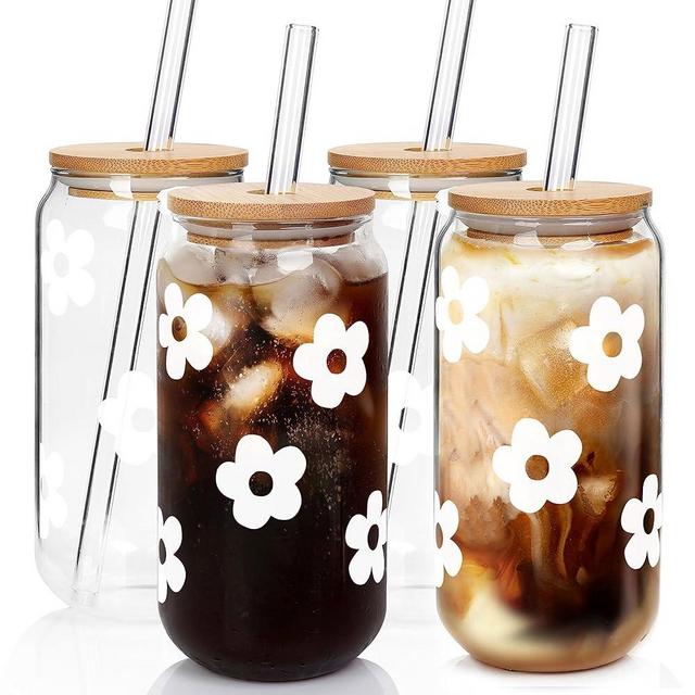 Mason Life Glass Cups with Lids and Straws, 20OZ Glass Cups, Drinking Glasses, Iced Coffee Glasses Cup, Smoothie Cups, Tumbler Glass, Reusable Boba Cup Drinking Glasses -Set of 4