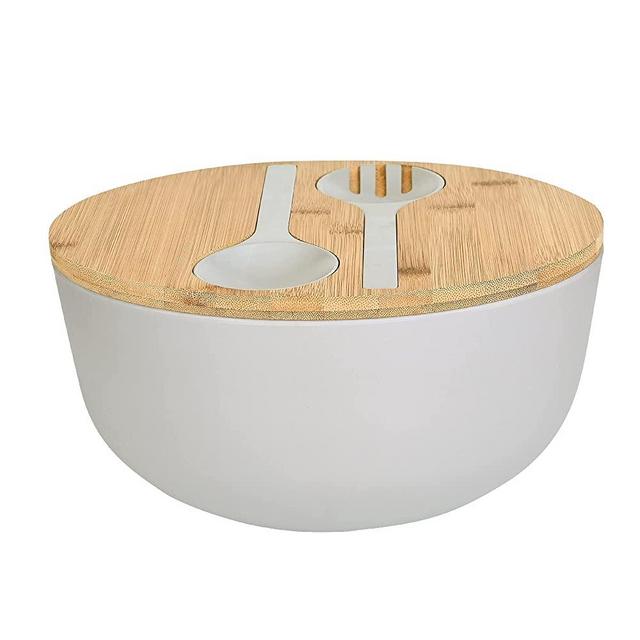 Bamboo Fiber Salad Bowl with Servers Set Large 9.8inches Nature Bamboo Mixing Bowl with Servers with Lid Spoon and Fork for Fruits ,Salads and Vegetables (Grey, 10inch)