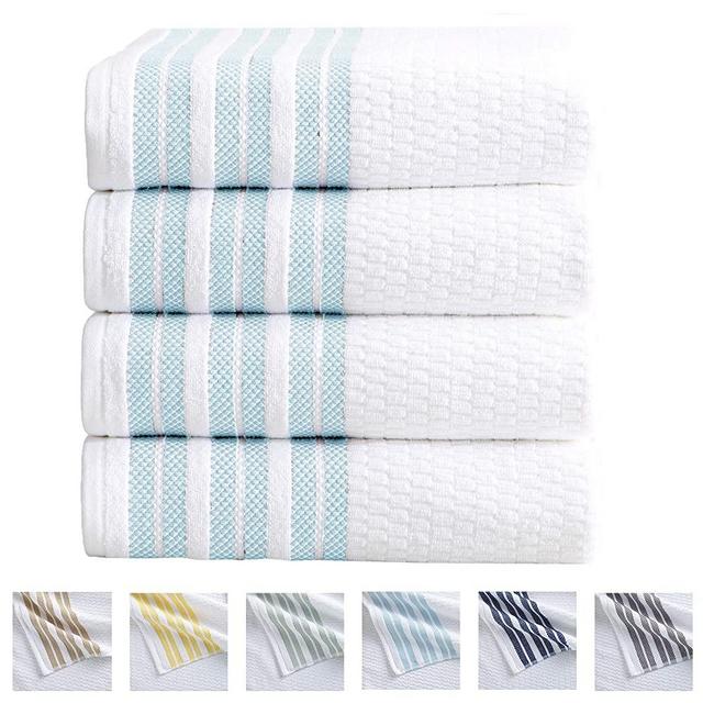 Great Bay Home 4-Piece Bath Towel Set. 100% Cotton Popcorn Textured Striped Bathroom Towels. Quick Dry and Absorbent Towels. Elham Collection. (4 Pack, Spa Blue)