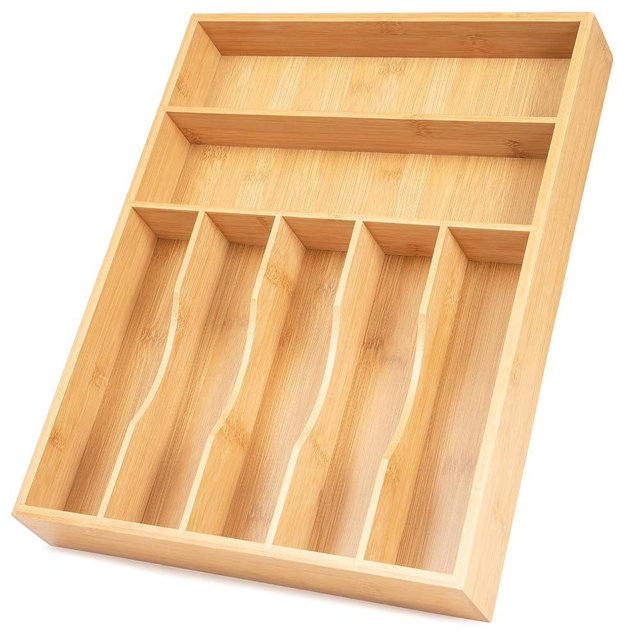 Bellsal Natural Utensil Organizer 12.5 Inch Silverware Tray for Drawer Utensil Holder Cutlery Organizer Kitchen Drawer Organizer 7 Compartment Small Narrow Bamboo
