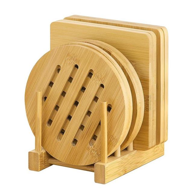 GHWIE Bamboo Trivet with Stand, Heat Resistant Pot Holders, Multi-Purpose Hot Pads, Hot Plate Mats, Large Stove Mat, Air Fryer Accessories, 8PCS