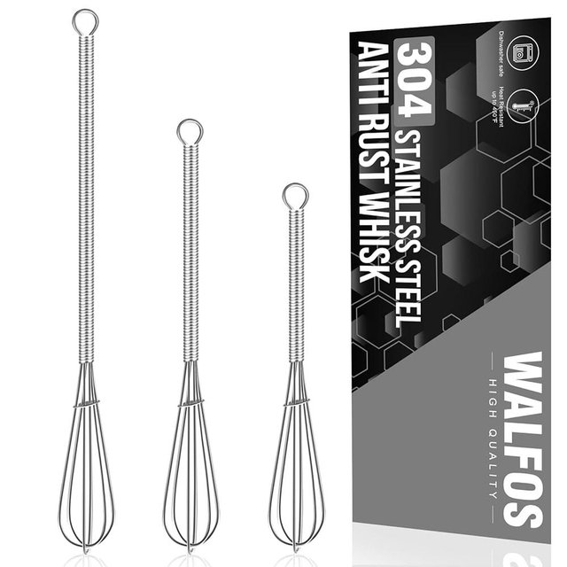 Walfos Small Whisk,304 Stainless Steel Mini whisk,5+7+10in Tiny Whisk for Whisking, 5.7in Long-Handle Silver Espresso Whisk,Blending Ingredients, Mixing Sauces.Ideal for Commercial & Home Use.(3pcs)