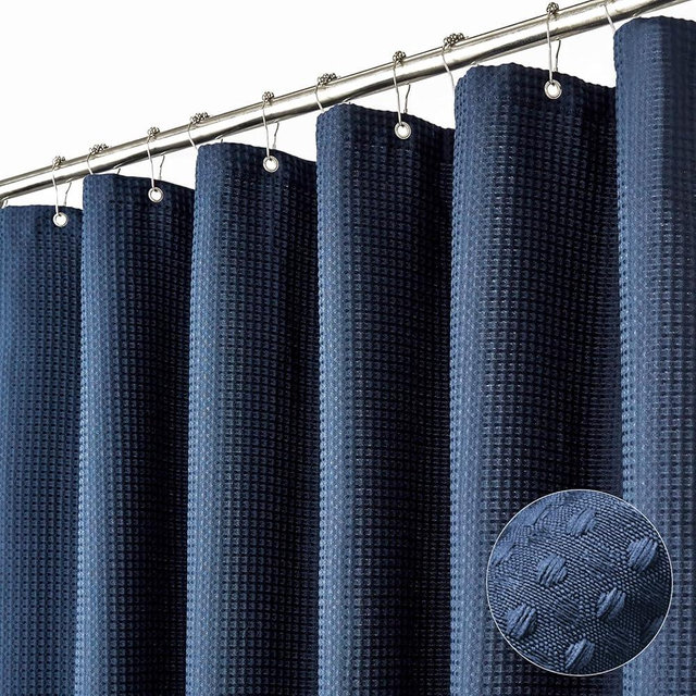 Dynamene Extra Wide Shower Curtain - 84 Inch Wide Waffle Weave Weighted Thick Cloth Bathroom Shower Curtain, Neutral Heavy Duty Hotel Bath Curtain Set with 14 Plastic Hooks, 84x72, Navy Blue
