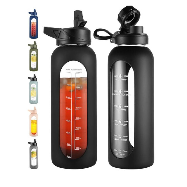 CIVAGO 40 oz Glass Water Bottle with Straw and Handle, Large Sports Motivational Water Bottle Flask with Time Marker and 2 Lids, Leakproof Water Jug Canteen with Silicone Sleeve for Gym,Black