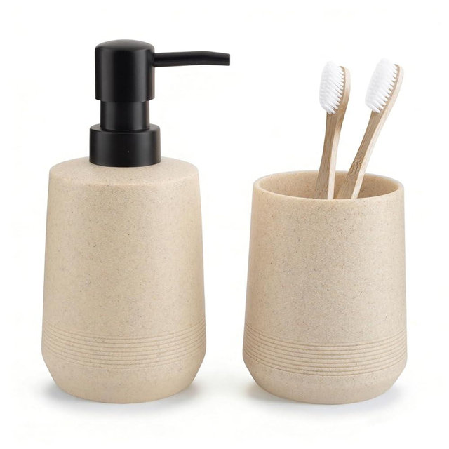 Bathroom Accessories Set, 2 Piece Resin Bathroom Accessory Set with Soap Dispenser and Toothbrush Holder for Modern Bathroom Decor (Beige)