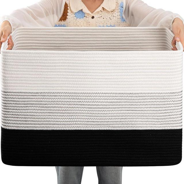 OIAHOMY Large Cotton Rope Basket, Rectangle Woven Baskets for Storage, Nursery Blanket Basket Living Room, Toy Basket With Handle, Baskets for Organizing-24.8”x15.7”x15.7”-Gradient Black