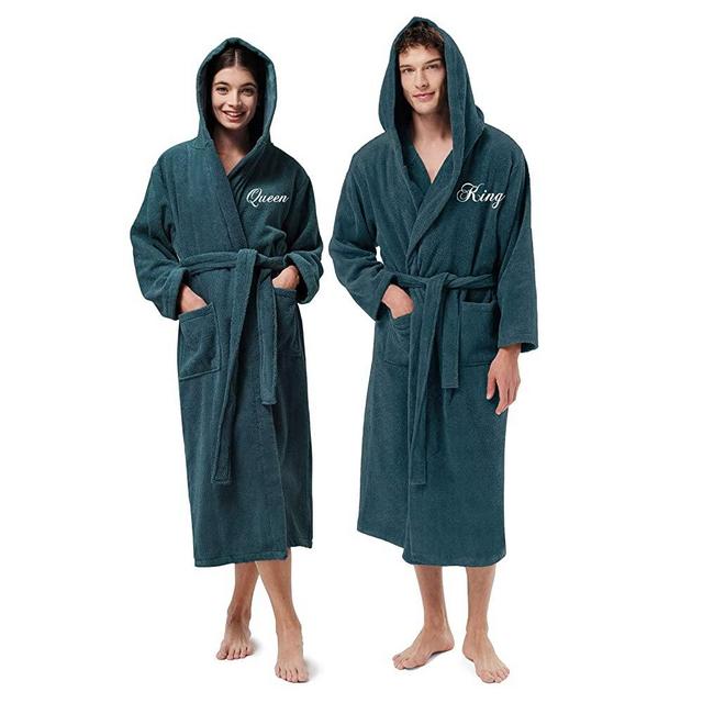 AW BRIDAL 2Pcs Terry Cloth Robes Long Hooded Towel Robe 100% Cotton Robe with Pockets Wedding Engagement Gifts for Couples