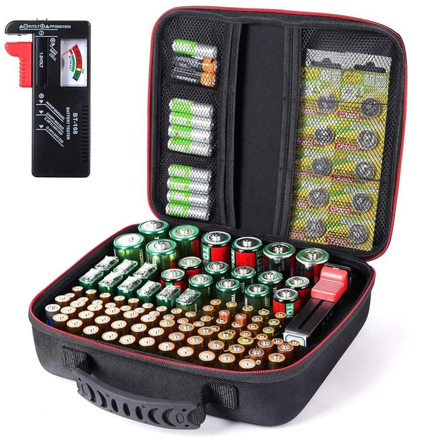 Battery Organizer Storage Case Box with Tester BT168 -for All Types Batteries Container, Fireproof & Waterproof Battery Keeper Caddy for Home Drawer, Small Cases Holder for AA AAA C D 9V (Holds 104＋)