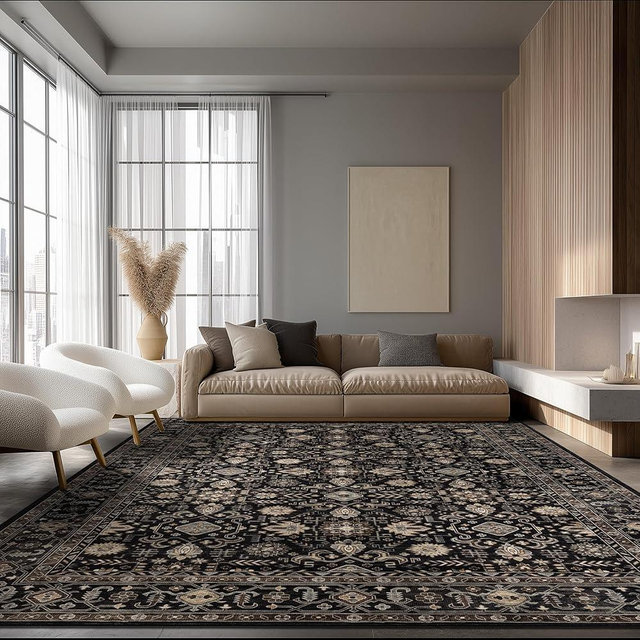 Area Rug Non Slip Machine Washable Ultra Soft Living Room/Bedroom/Kitchen/Outdoor/Classroom Black Gold, 8'×10'