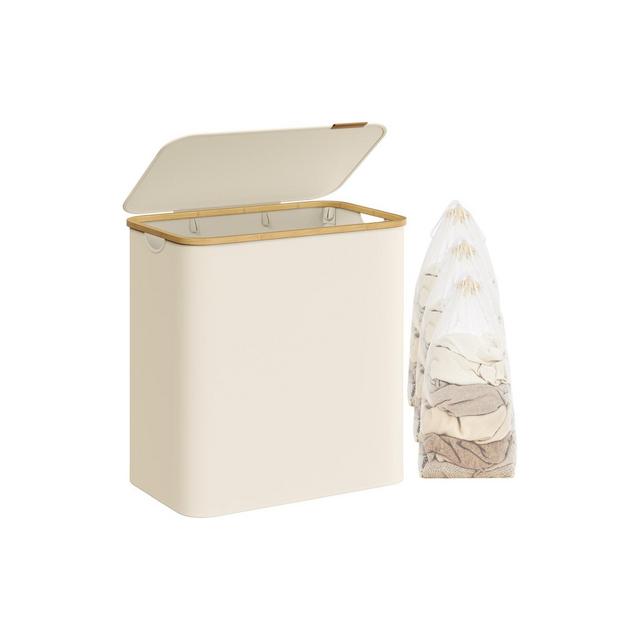 SONGMICS 150L Laundry Hamper with Lid 3-Section Large Laundry Basket Removable Mesh Liner Bamboo Handles Collapsible Cream White