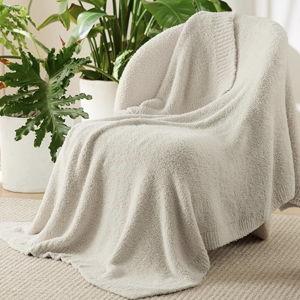 Fuzzy Knit Throw Blanket for Couch Gentlesoft, Breathable, Beige, 60x80 Inches