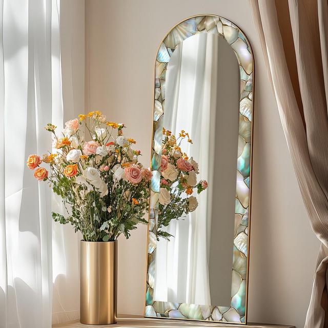 Mother of Pearl Arch Floor Mirror: Pastel Shell Mosaic, Tempered Glass