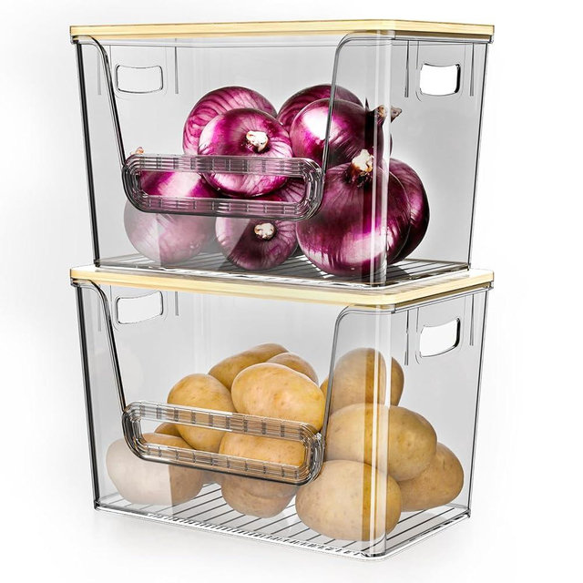 Delamu 2 Set Pantry Organizers and Storage,Trash Bag Dispenser with Bamboo Top,Stackable Trash Bag Dispenser Under Sink Organizer for 4-30 GalBags,Onion,Potato,Fruits,Gray(11.22" L*7" W*7.12" H)