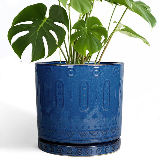 Eightpot 10 Inch Plant Pot - Ceramic Planter Outdoor Plant Pot Indoor with Drainage Holes and Saucer Large Flower Pot Round Decorative Planter for Garden Patio Decor Blue