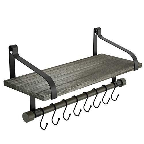 Love-KANKEI Wall Shelf for Storage Rustic Wood Kitchen Spice Rack with Towel Bar and 8 Removable Hooks for Organize Cooking Utensils or Mugs Floating Shelf Weathered Grey