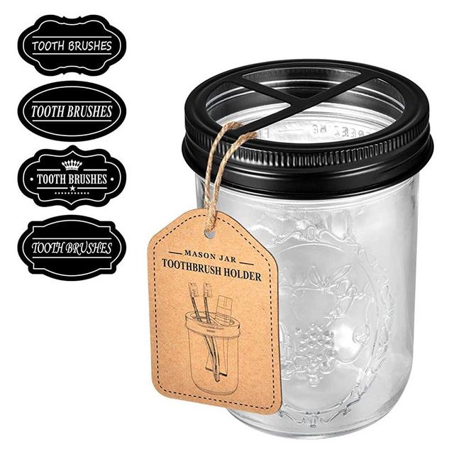 Andrew & Sarah Mason Jar Toothbrush Holder Black - with 16 Ounce Ball Mason Jar,Premium Rustproof 304 Stainless Steel Lid and Chalkboad Labels - Rustic Farmhouse Decor Black Bathroom Accessories