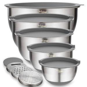 Wildone Mixing Bowls with Airtight Lids Set, 5PCS Stainless Steel Nesting Bowls Set for Kitchen, with Grater Attachments & Non-Slip Bottoms, Size 5, 3, 2, 1.5, 0.63 QT, Great for Baking & Serving