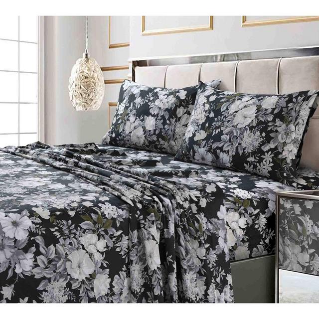California King 300 Thread Count Printed Pattern Sateen Sheet Set Charcoal Vernazza - Tribeca Living