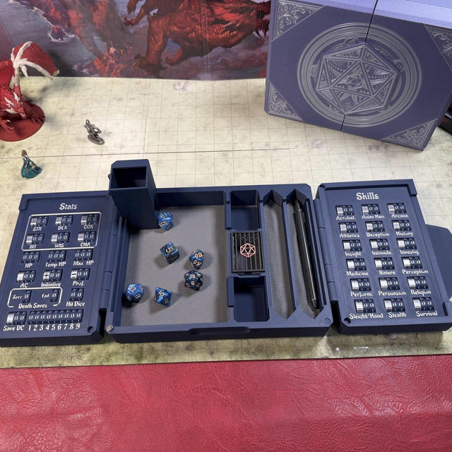 DND Character Tracker Box with Dice Tower | Dungeons and Dragons Dice Tray, RPG Organizer, Stats & Storage