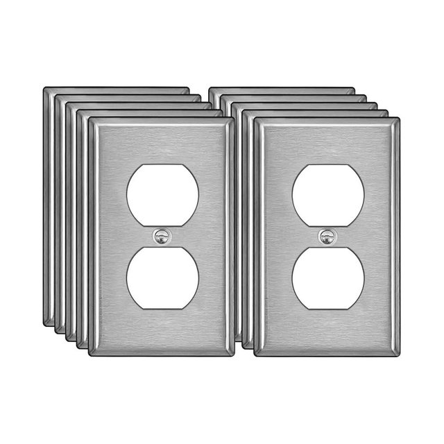 BESTTEN 10 Pack Duplex Receptacle Metal Wall Plate with Protective Film, 1 Gang Standard Industrial Stainless Steel Outlet Cover, Durable Corrosion Resistant, Brushed Finish, Silver