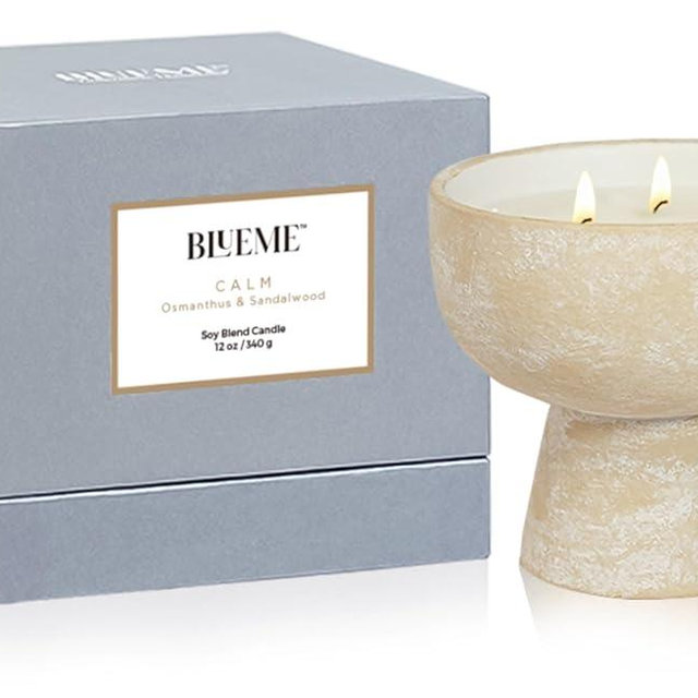 BLUEME Calm-Osmanthus & Sandalwood, 3 Wick, Refillable Wellness Candle, Contains Essential Oil, Sustainable, Hand Finished, Hand Poured, Premium, Luxury Ceramic, Natural Cotton Wick, Soy-Wax Blend