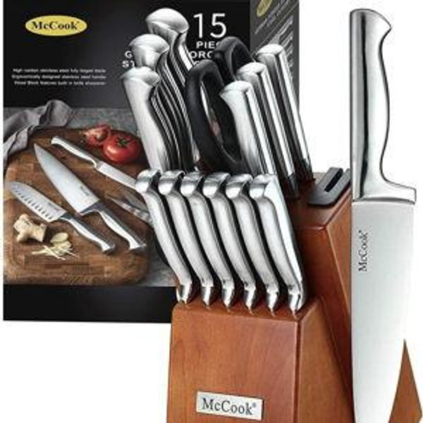 McCook® Knife Sets, German Stainless Steel Kitchen Knife Block Sets with Built-in Sharpener, 15 Piece Chef Knife and More, Razor Sharp, Restaurant Grade, Anti-Rust, Elegant Box for Gift