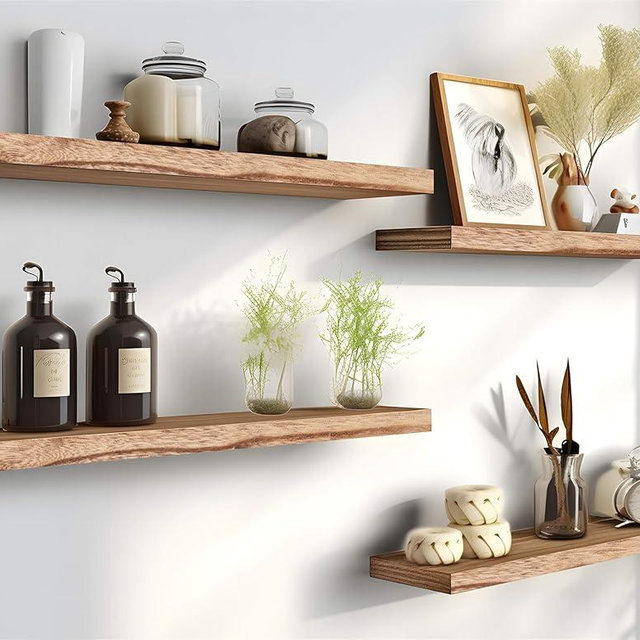 PHPH 24 Inch Wood Floating Shelves for Wall, Wooden Wall Shelves for Bedroom, Set of 4 Light Brown