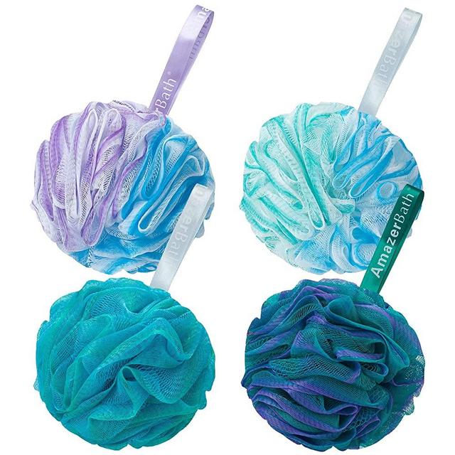 AmazerBath Bath Shower Loofah Sponge Exfoliating Body Scrubber 75g/PCS Pouf Bath Sponges- Set of 4 Flower Color Sponges