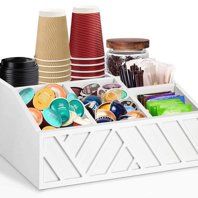 ugiftt Coffee Station Organizer for Counter, Wood Pods Holder Storage Basket, Tea Condiment Storage Organizer, Rustic Coffee Bar Decor for Accessories Organizer