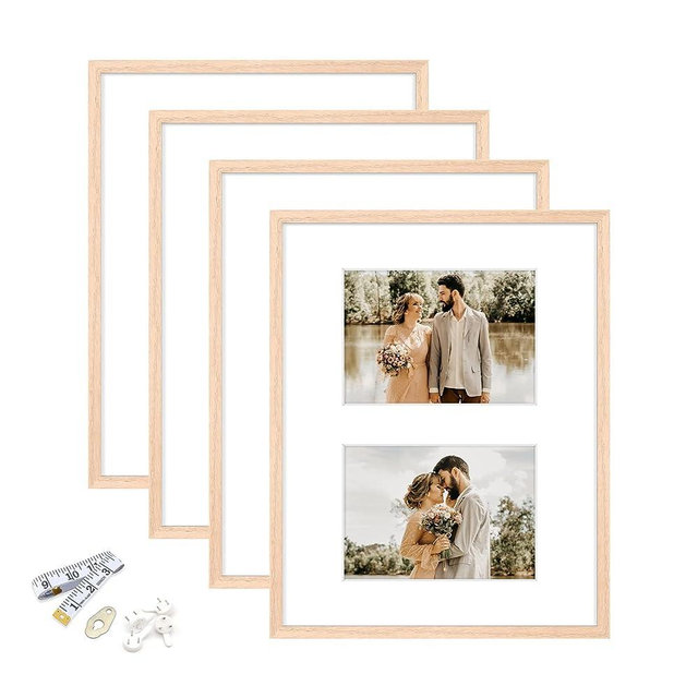 11x14 Picture Frame,OAK Wood Photo Frame 8x10 with Mat or 5x7 with 2 Mat with Perspex Glass for Vertical or Horizontal Tabletop Wall Display for Photo,Painting,Poster,Birthday Christmas Gift,Set of 4
